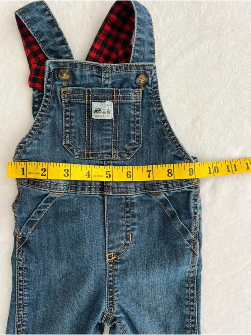 Carter's Kid Denim Overalls with Red Plaid Lining 9 Months